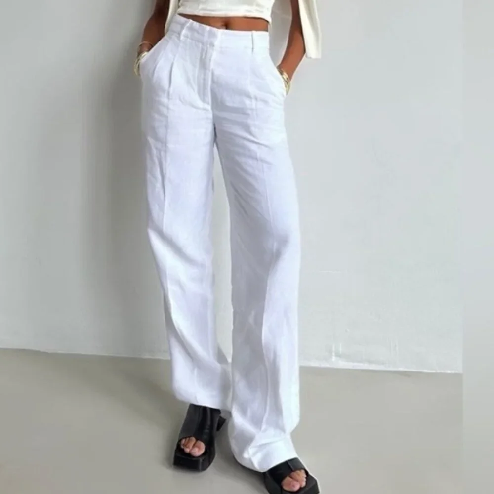 Aritzia White High-Waist Wide-Leg Linen Pants